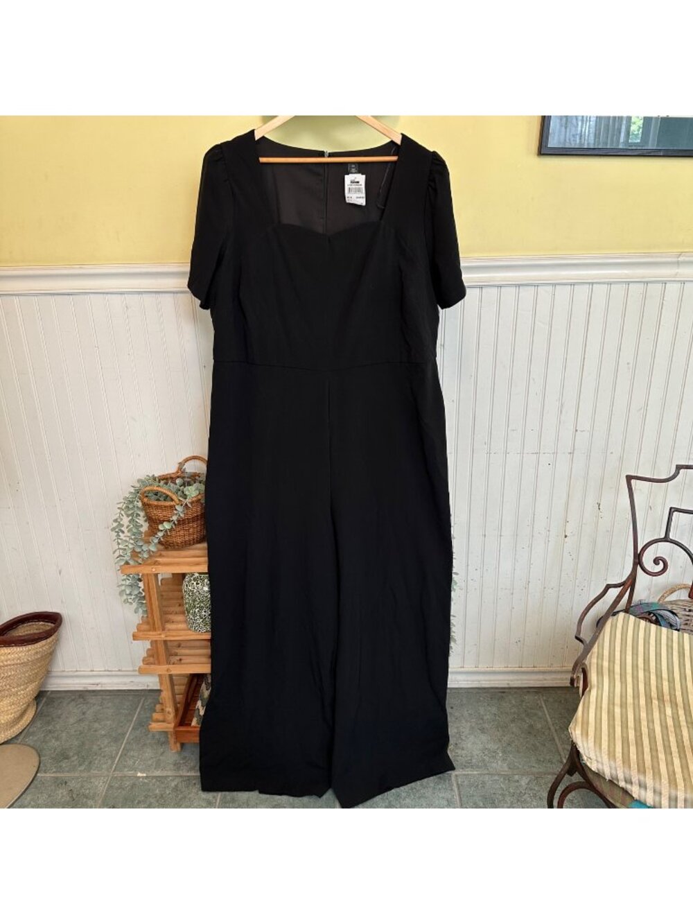 Halogen 2X Short Sleeve Jumpsuit With Square Neckline & Wide Legs black